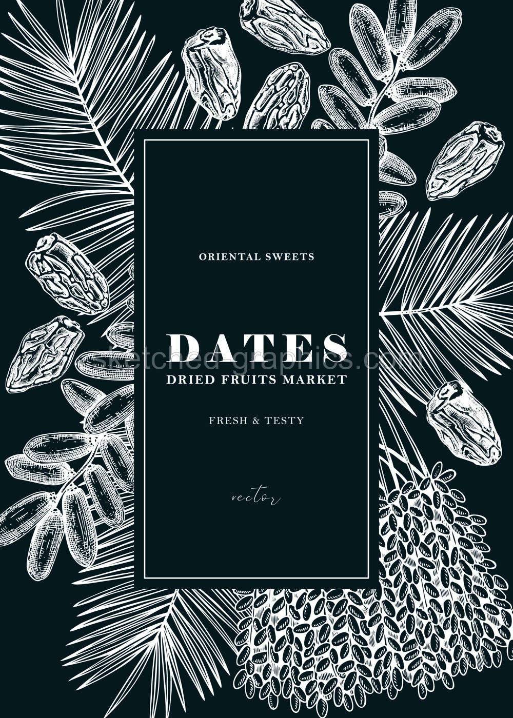 Hand drawn vegan food wreath design with date palm leaves and dried fruits illustrations in engraved style. Dried dates sketch banner template on chalkboard Illustration